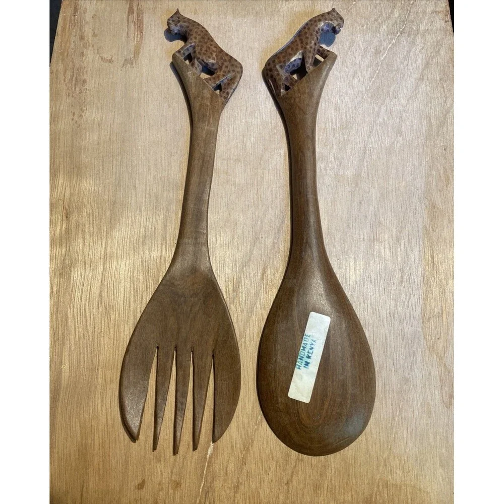 African Hand Carved Wood Spoon & Fork Salad Servers Vintage Estate Leopard Kenya